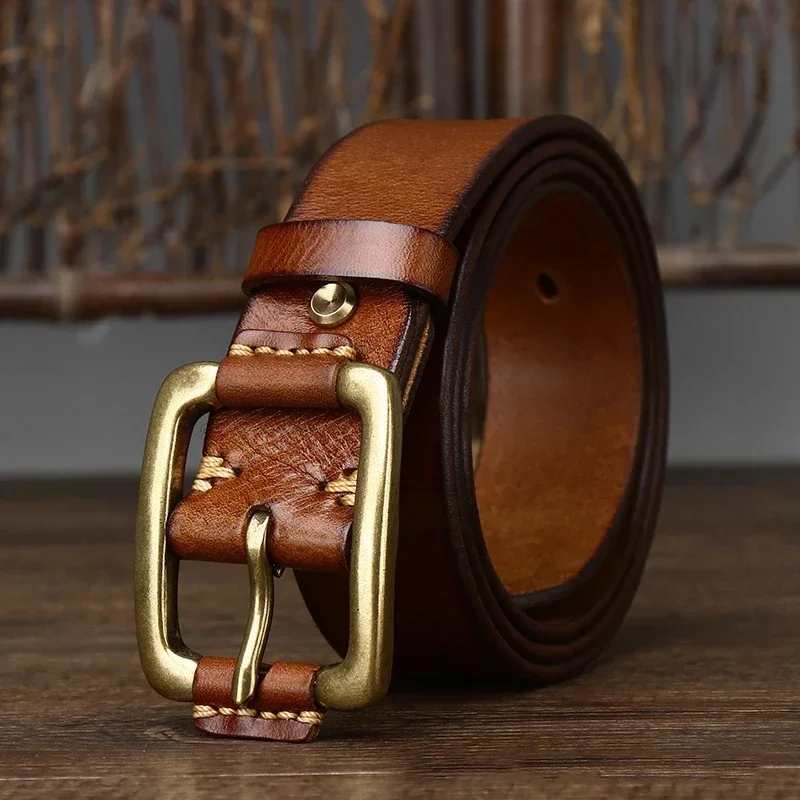 3.8CM Pure Cowhide High Quality Genuine Leather Belts for Men Brand Strap Male Brass Buckle Fancy Vintage Jeans Cowboy Cintos