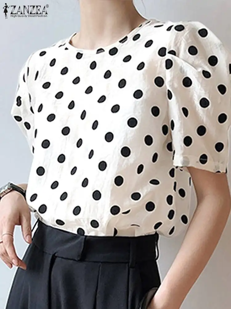 

ZANZEA Polka Dot Holiday Blusas Women Fashion Loose Shirts Oversized Casaual Tops Puff Short Sleeve Crew Neck 2023 Summer Blouse