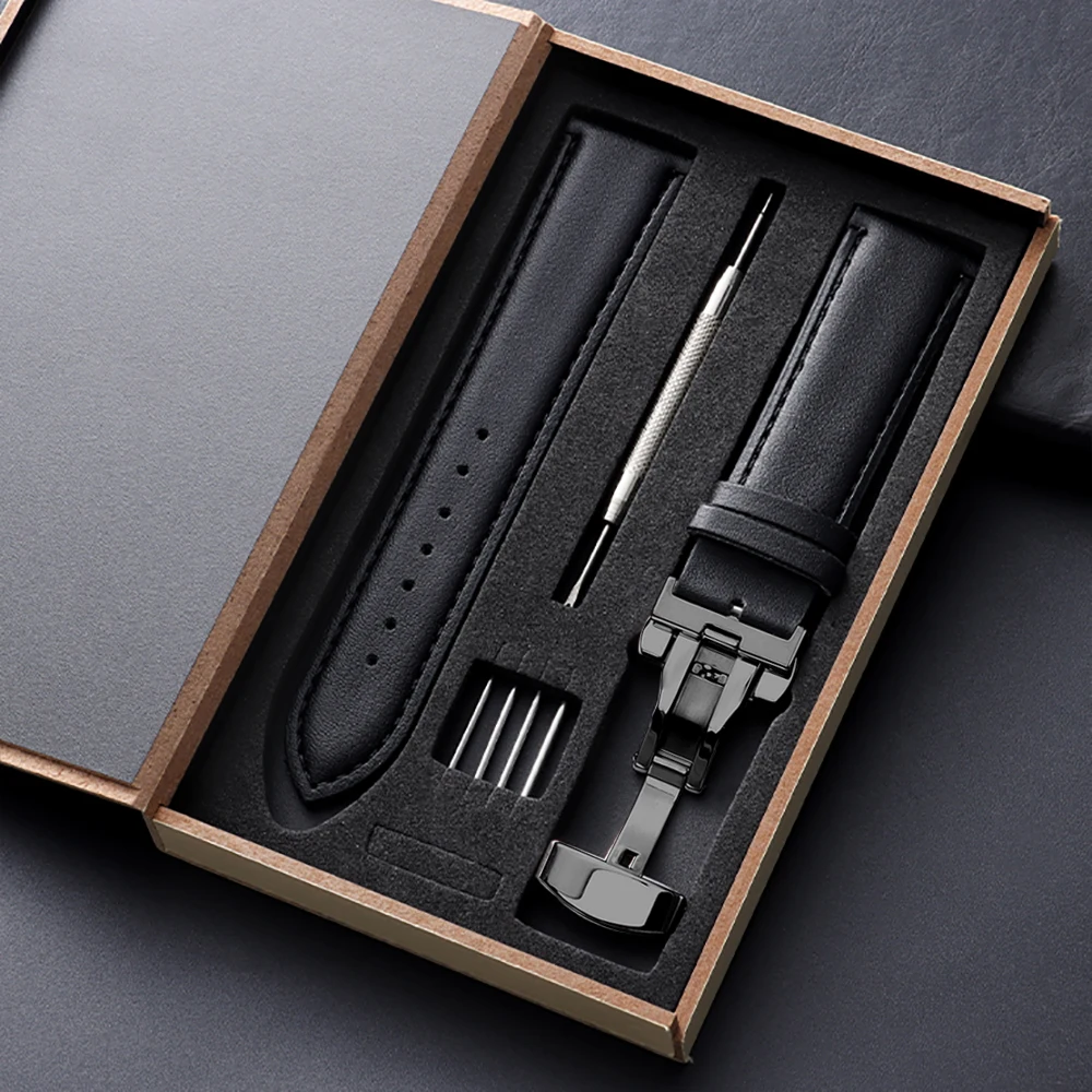 Elegant Vintage Leather Watchband with Butterfly Buckle and Gift Box