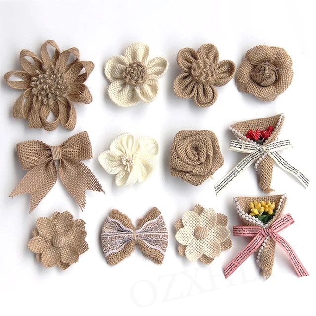 5Pcs Natural Burlap Flowers Handmade Rustic Rose Flower for DIY