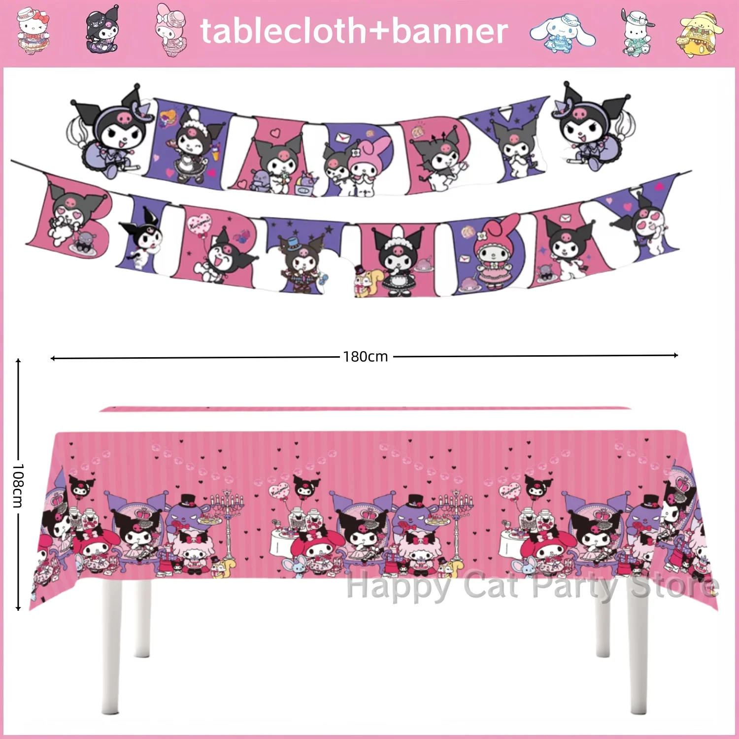 thumbnail image 1 of Mantel de Hello Kitty, pancarta de feliz cumpleaños, decoración para fiesta de cumpleaños, bandera de Kuromi, mantel de Cinnamoroll, regalos para niñas, suministros para fiestas, 1 of 5