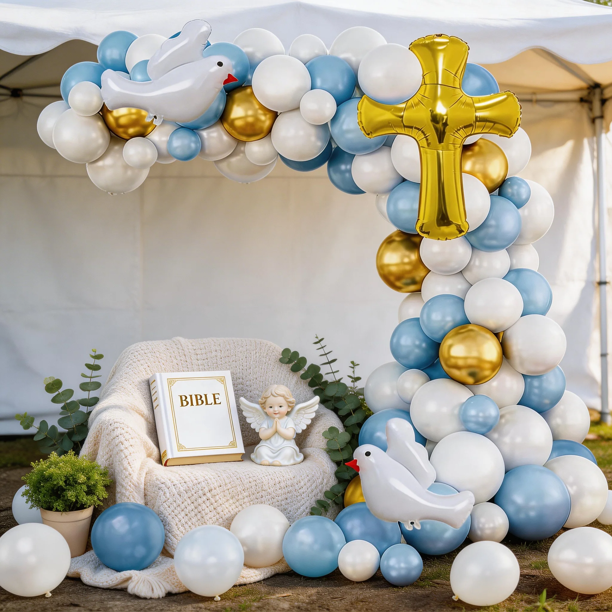 100-teiliges Ballonbogen-Set mit Gottes- und Gebetsthema, blaue und weiße goldene Ballonkette, Tauben- und Kreuz-Aluminiumfolienballons, für Taufe/Erstkommunion/Baby-100-Tage-Feier, Party-Hintergrunddekoration – Detail 6
