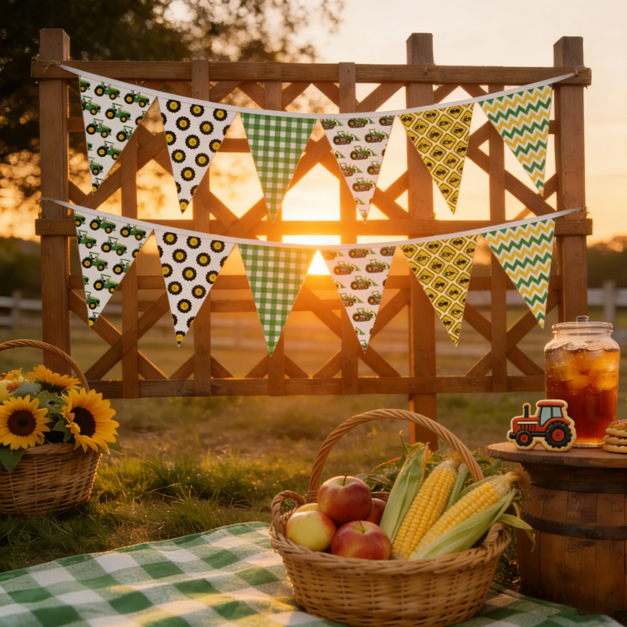 Green Tractor Decorations with Checkered and Triangular Flags for Celebrations & Events