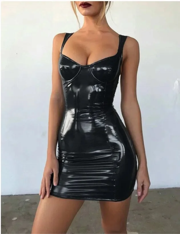 Sexy Club Night Outfit Polyester Fiber Full Sleeve Wrap Chest Waist in Dress Slimming Goddess Style Leather Strap Dress