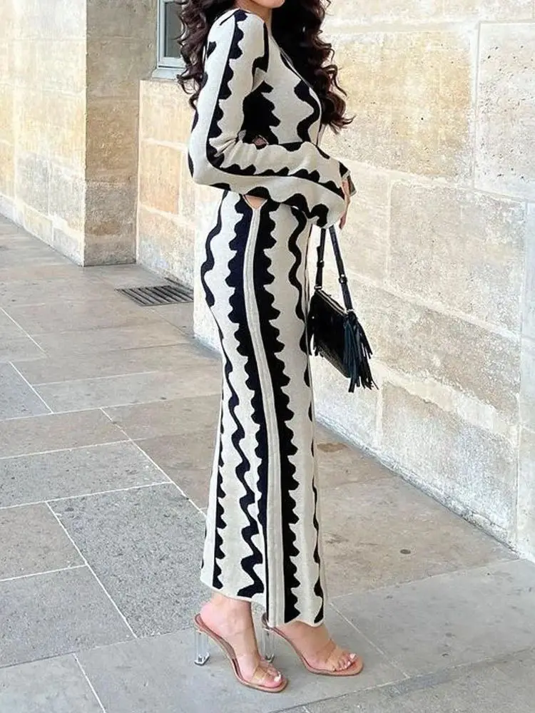 

Women Fashion Maxi Dress 2023 Female Elegant long sleeve Striped knitted O- neck hollowed out dress trumpet sleeves long dress