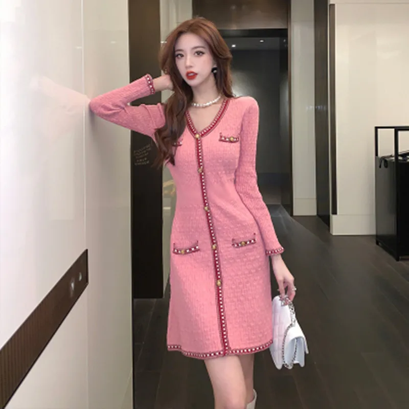 

New Autumn Ladies High-End Small Fragrant Pink Knitted Sweater Dress Women's Sexy V-Neck Slim Single-Breasted Mid-Length Dresses