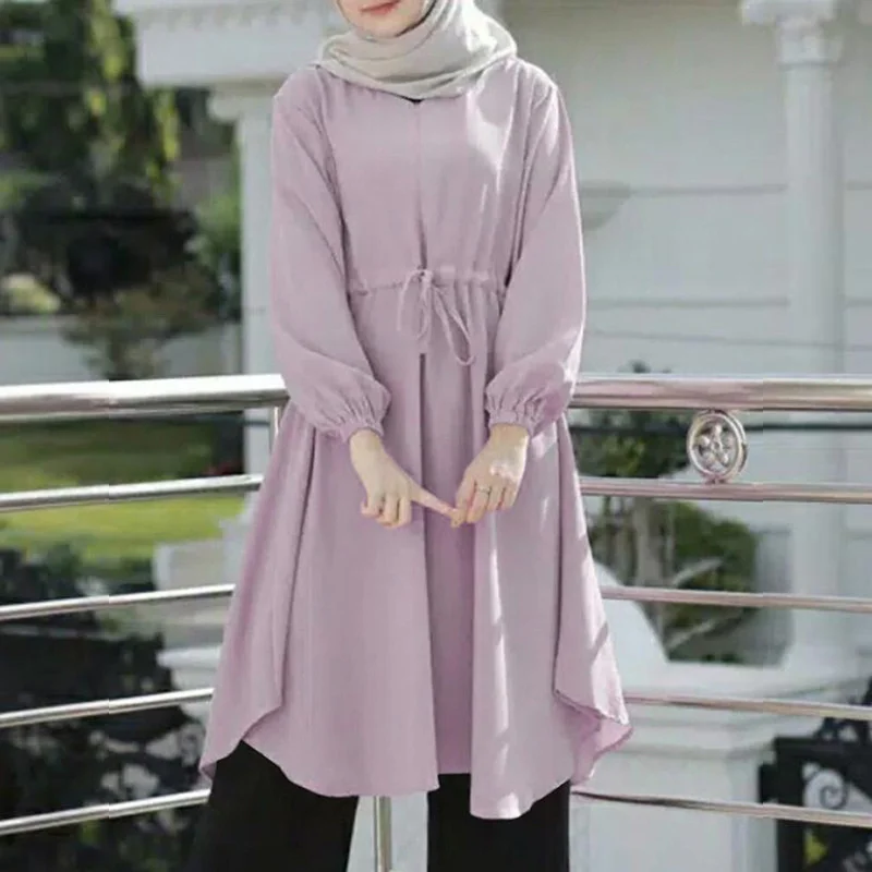 

Muslin Dress 2023 Women Dress Solid Color Loose Plus Size Long Sleeve Dress Muslim Pullover Dress Pink Islamic Dubai Women Tops