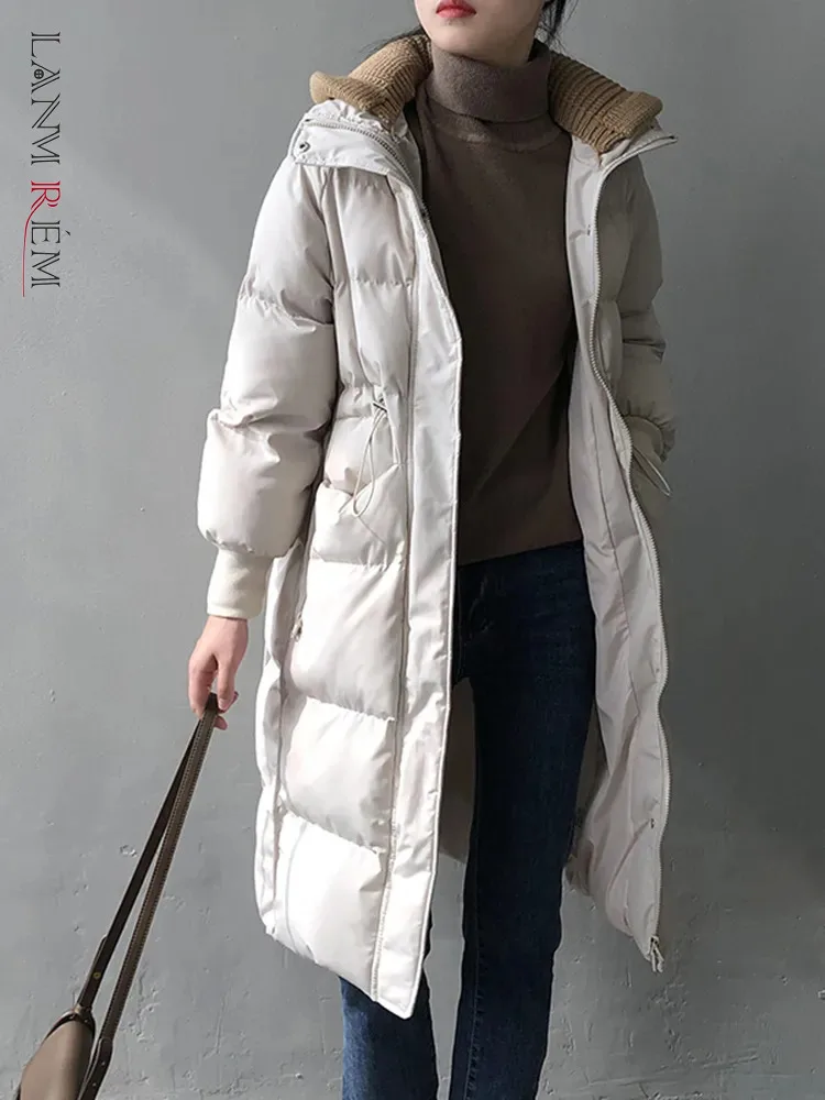 

[LANMREM] Knitted Hooded Cotton Coats Women's Drawstring Design Thicking Warm Long Outwear Fashion 2023 Winter New 26D6440