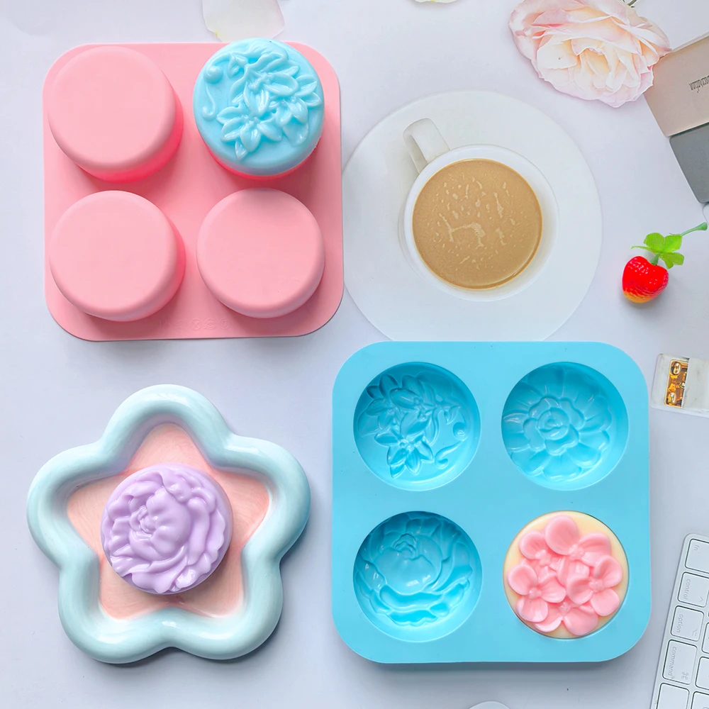 Silicone soap mold 1pc with 4 cavities and different flower shapes suitable for candle making molds