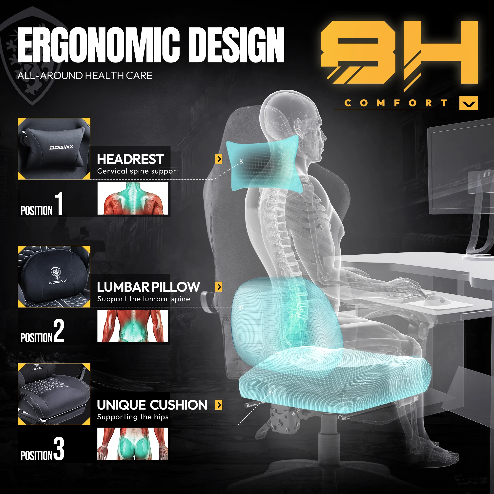 Dowinx Gaming Chair with Heated Massage Lumbar Support, Ergonomic Gaming Computer Chair with Pocket Spring Cushion and Footrest 4