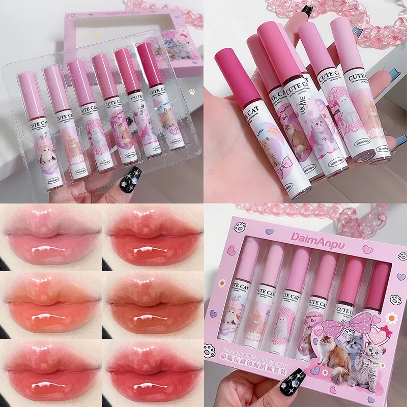 6Pcs/set Cute Cat Mirror Water Lip Gloss Set Red Tint For Lips Makeup Long Lasting Glass Lip Glaze Waterproof Lipstick Kit lip gloss lip makeup lip glaze lip tint