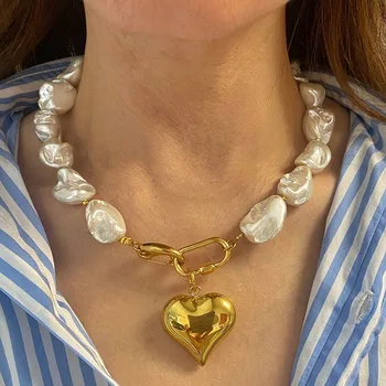 Trend Elegant Jewelry  Heart Pendant Necklace For Women Fashion Irregular White Imitation Big Pearl Chain Choker Necklace N0456 2