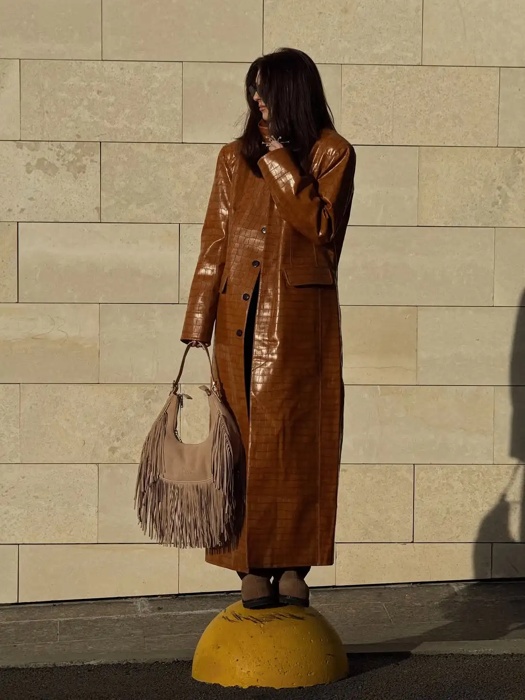 Solid Croc Embossed Faux Leather Long Trench Coat Lapel Single Breasted Straight Long Front Pockets Women Vintage Autumn Winter