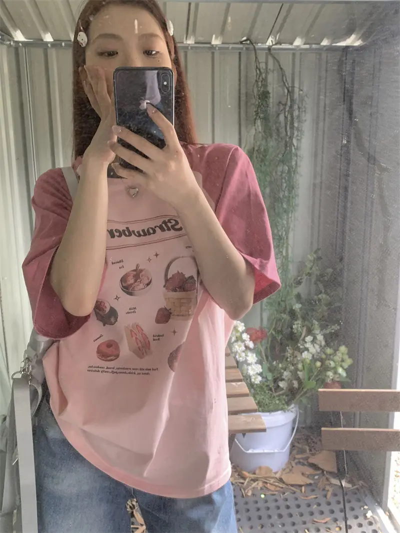 

Grunge Sweet Loose Contrast Color Patchwork T-shirts Summer Casual Short Sleeve Vintage Funny Print All Match Y2k Aesthetic Tees