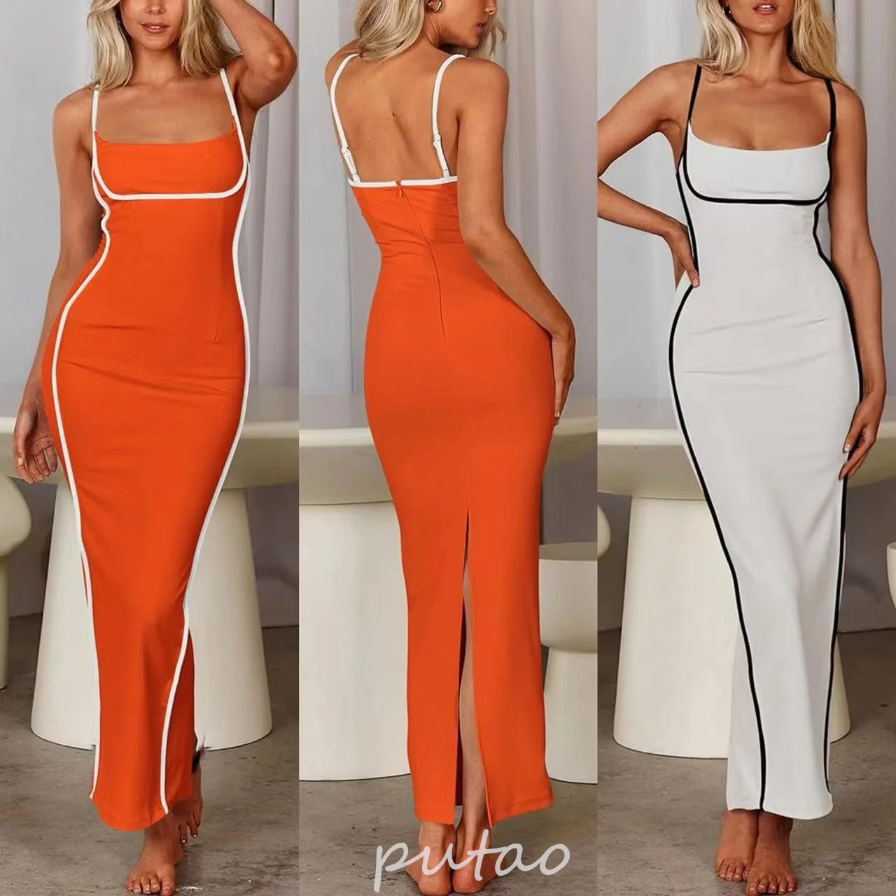 Putao Women Long Prom Party Dress Black White Contrast Color Spaghetti Strap Backless Slim Dress Elegant Evening Gown