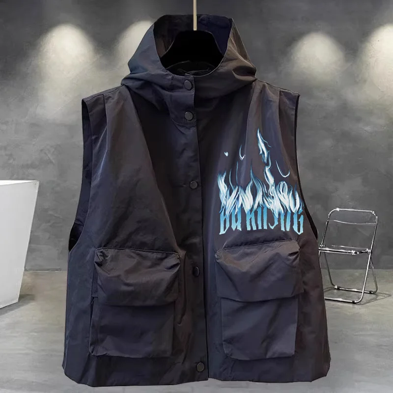 Solid color hooded zipper vest coat Fashion goods pocket Wear vest design casual pants quick drying loose wide leg assault pants