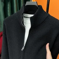 Cardigan ouvert pour homme, couleur unie, fermeture éclair, tricoté, coupe ajustée, col montant semi-haut, vêtement d'extérieur 3