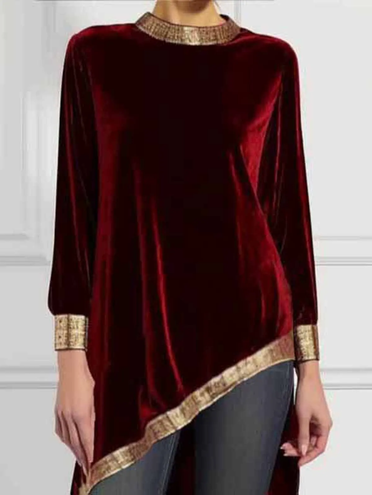 thumbnail image 1 of Blusa de talla grande con dobladillo irregular para mujer, camiseta de manga larga de terciopelo retro a la moda, top asimétrico holgado informal con cuello alto, 1 of 3