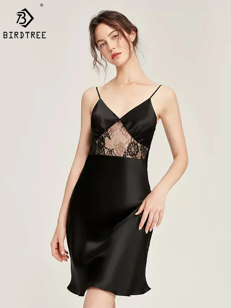 

Birdtree, 19 мм, 100% шелк тутового шелкопряда, домашняя одежда, сексуальная ночная рубашка на бретельках, кружевная, открытая, v-образная горловина, приятная для кожи, женская ночная юбка P30452QM