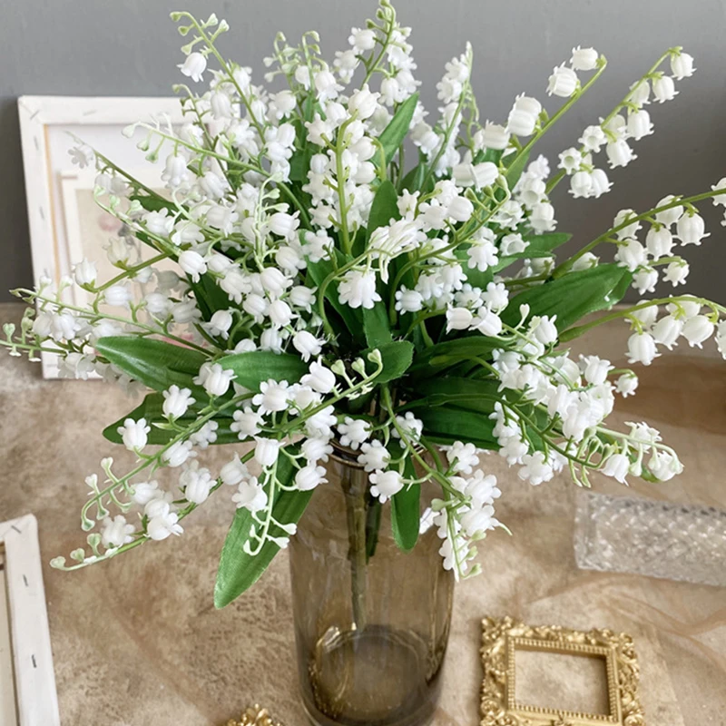 6pcs White Artificial Plastic Flower Lily of the Valley Bouquet Wedding Home Table Centerpiece Decoration Accessories Fake Plant