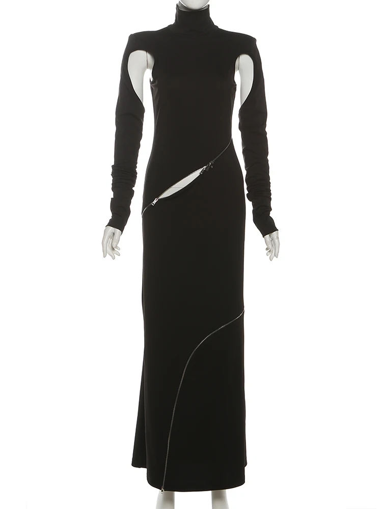 Nibber Asymmetrical Zip Sexy Irregular Hollow Dress Women New Style Trend Fashion Elegant Stretch Skinny Street Maxi Bodycon