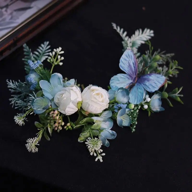 Mori simple location bridal headdress blue silk flower Chinese classical wedding hair accessories seaside vacation