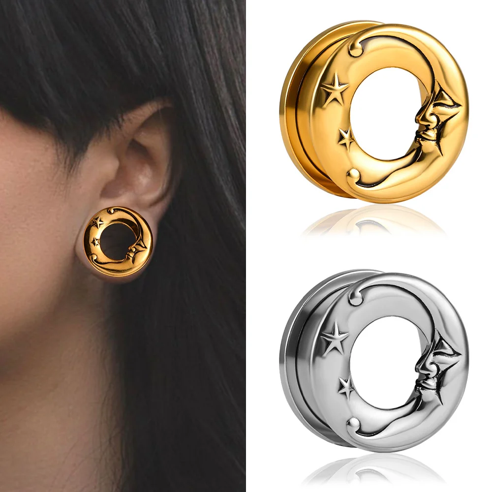 

Vankula 2PCS Cool Moon Ear Plugs Expander Gauges Earrings for Women Mens Stainless Steel Tunnels Body Piercing Gift Jewelry
