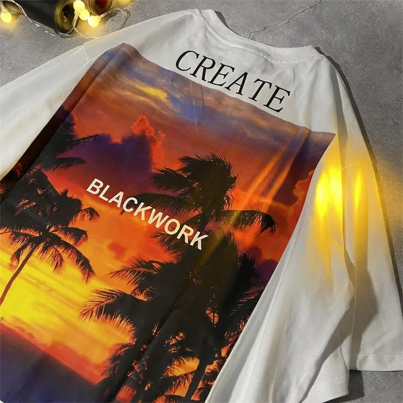

Summer New Sunset Cotton Short Sleeve T-shirt Coconut Print Ins Fashion Brand Loose Student Couple Top