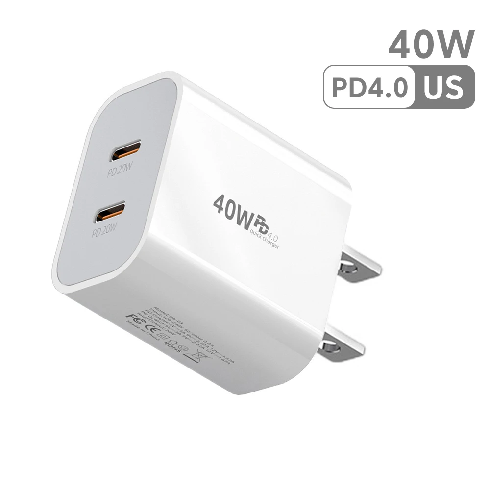 40W Dual USB-C Fast Charging Adapter with EU/UK/US Plug