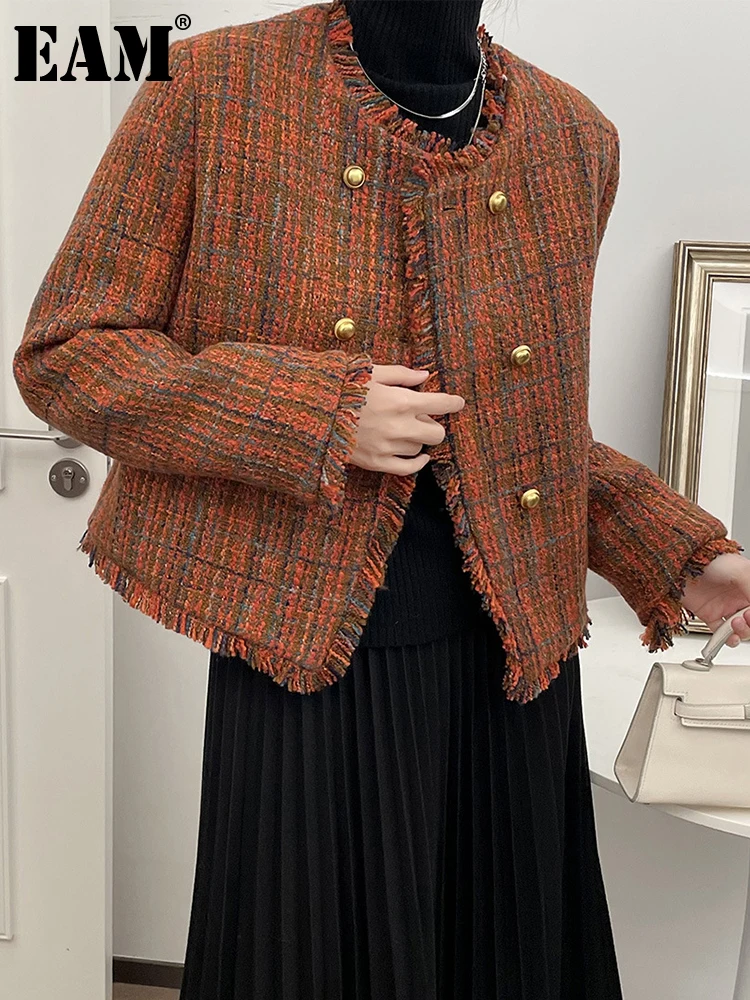 

[EAM] Orange Loose Fit Short Duwn Jacket New Round Neck Long Sleeve Warm Women Parkas Fashion Tide Autumn Winter 2024 1DH3860