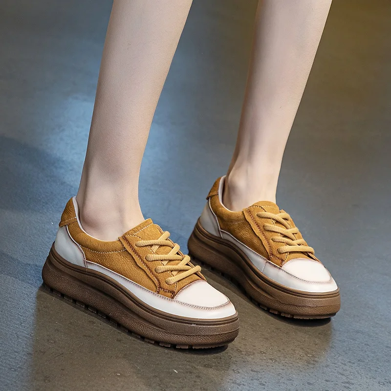 DRKANOL Fashion Mixed Colors Genuine Leather Casual Sneakers Women Thick Bottom Shoes Retro style Lace-Up Comfort Single Shoes 4