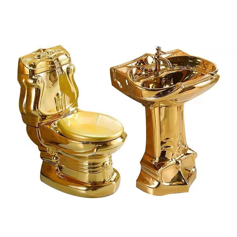 Royal vintage golden plated color bathroom sanitary ware luxury toilet bowl and pedestal wash basin sink ceramic gold toilet set