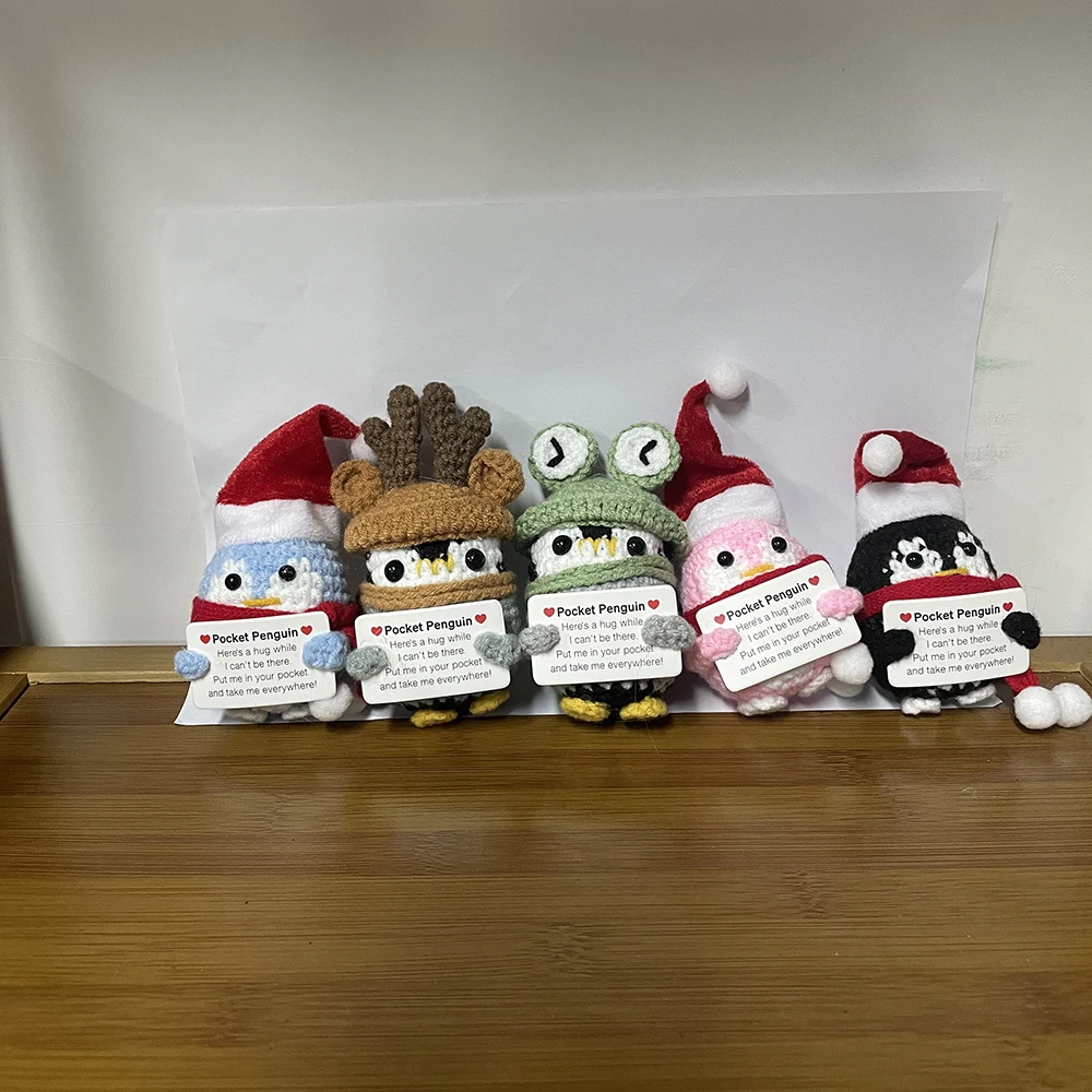 thumbnail image 2 of Funny Handmade Knitted Positive Penguin With Encouragement Card Crochet Wool Pocket Hug Penguin Dolls Home Room Decoration Gifts 2 of 13