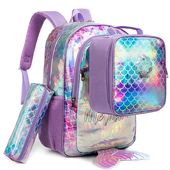 3PCS Kids Student Back To School Bags Sparkling Mermaid Unicorn Children School Bags And Lunch Box Bag For Girls 1