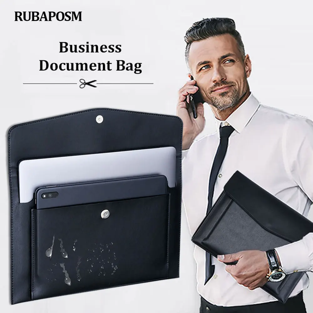 A4 Leather File Folder Large Capacity Document Bag Business Briefcase Magnetic Button Waterproof Laptop Cases Office Organizer