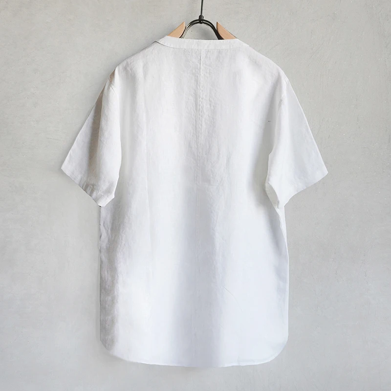 Chinese Style Linen Cotton Short Sleeve Shirt for Men Summer Round Neck Casual Loose-fit Breathable Lightweight Top