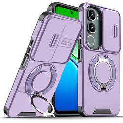 Magnetic Metal Ring Stand Armor Case with Slide Lens Protector and TPU Frame - VIVO Y31 5G or Y21d (Purple)