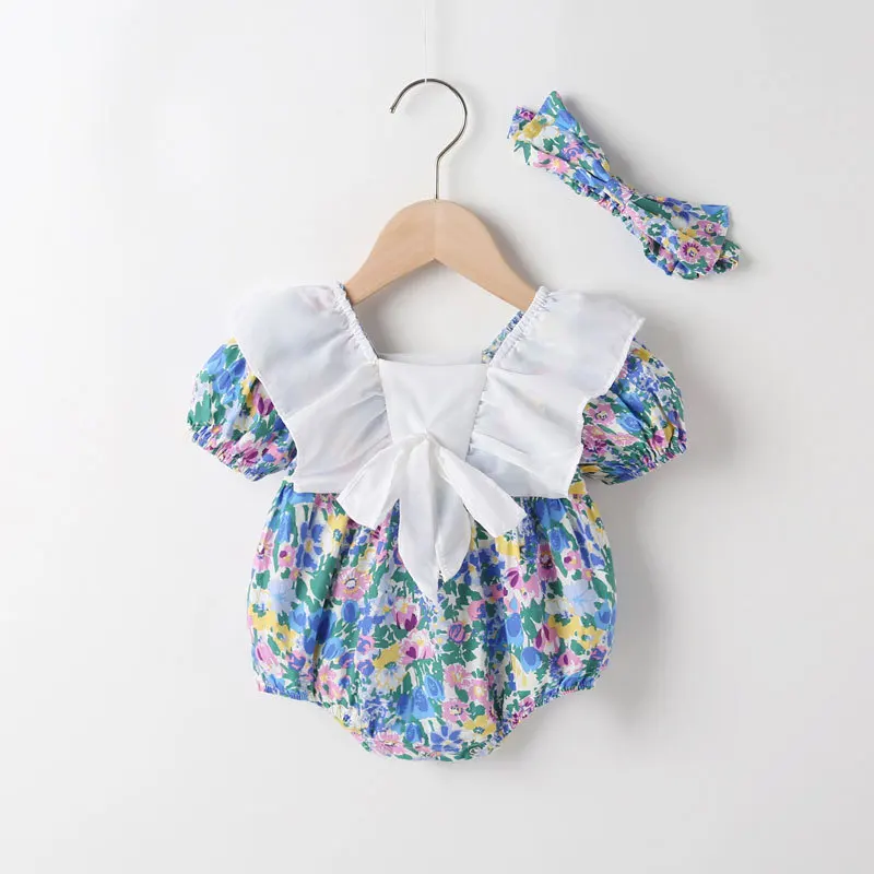 2022 New Summer Baby Clothes Girl Sweet 2 Pcs Sets Floral Bow Lace Baby Bodysuits+hat Party Birthday Princess Baby Rompers 0-18M baby bodysuit dress Baby Rompers