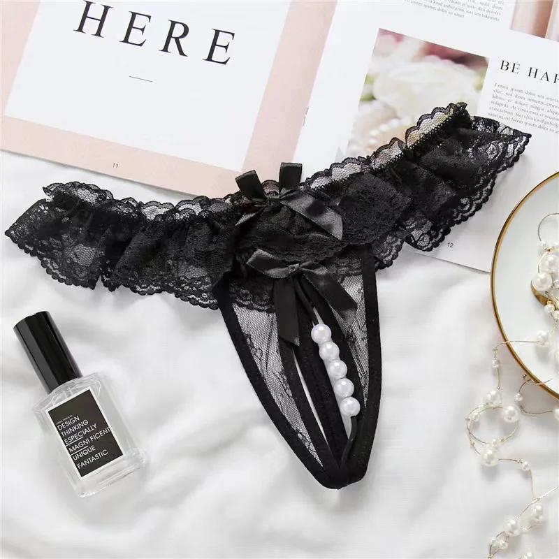 Cosplay Erotic Panties Lace Pearls Embroidered Decorative Uniforms Transparent Erotic Thongs Low Rise Hollow Open Thongs cosplay underpants