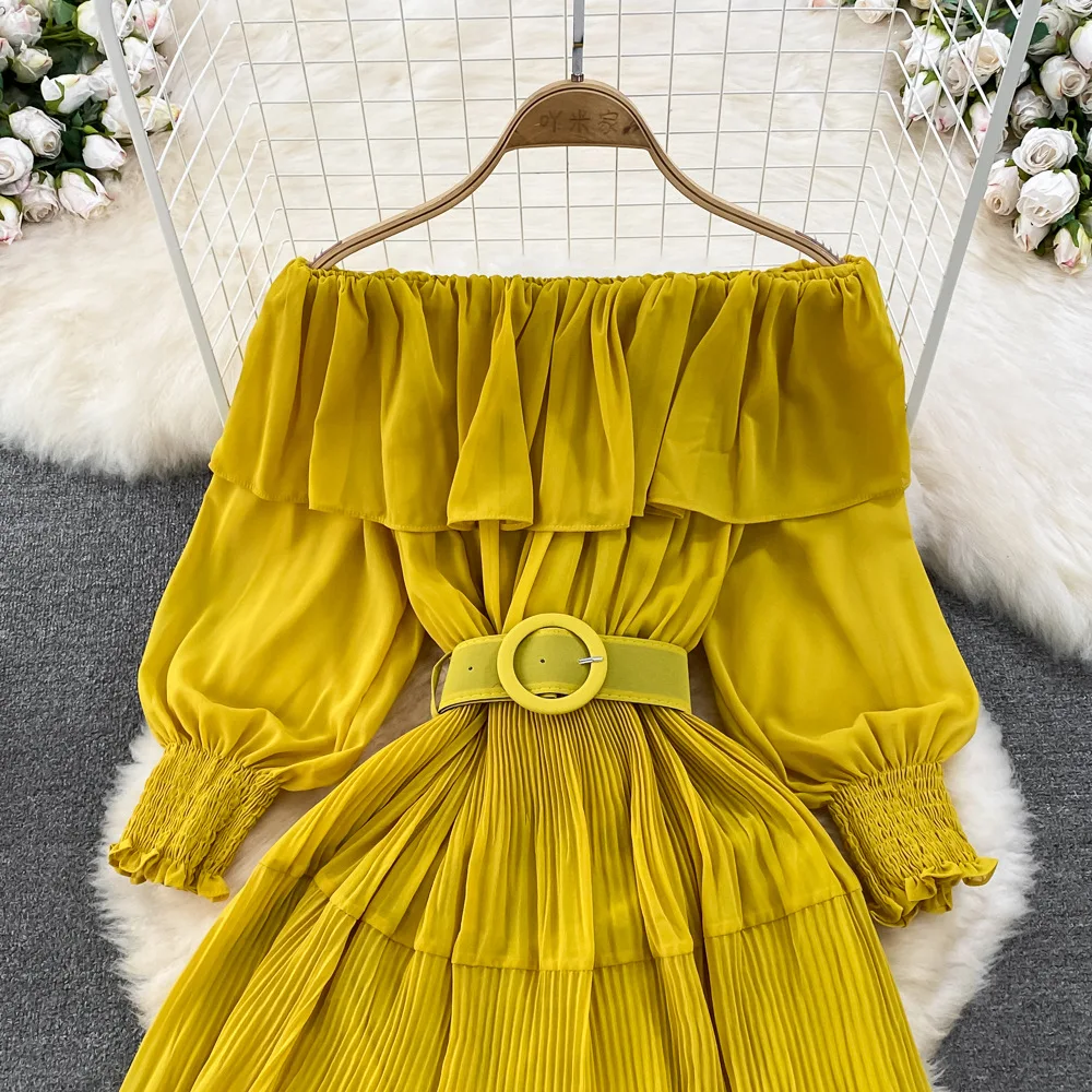 Women Vintage Off Shoulder Dress Chiffon Summer Sweet Lotus Leaf Edge Elegant Pleated Dresses Ladies Evening Party Long Dress