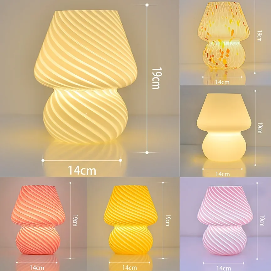 

Mushroom Lamp Glass Table Bedside Lamps Translucent Vintage Style Cute Led Night light Home Decor for Bedroom Living Girl Gift