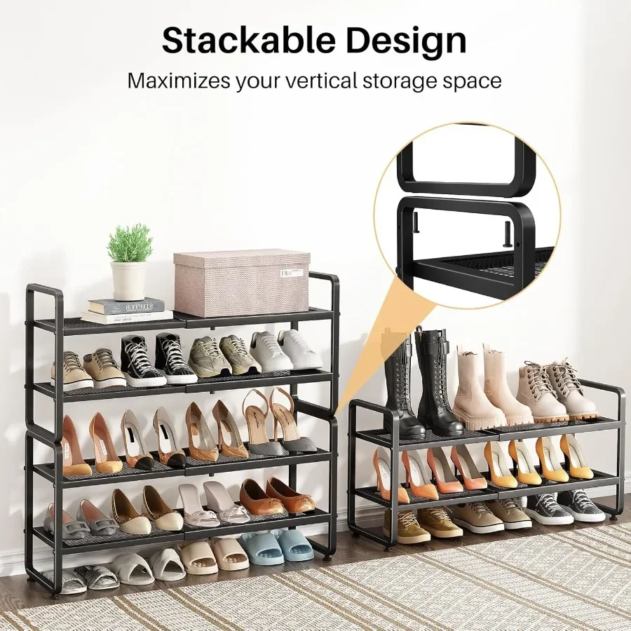 Shoe Rack Expandable Shoe Organizer for Closet Adjustable Metal Shoe Shelf Storage 2 Tier Stackable Long Shoe Stand Holder for