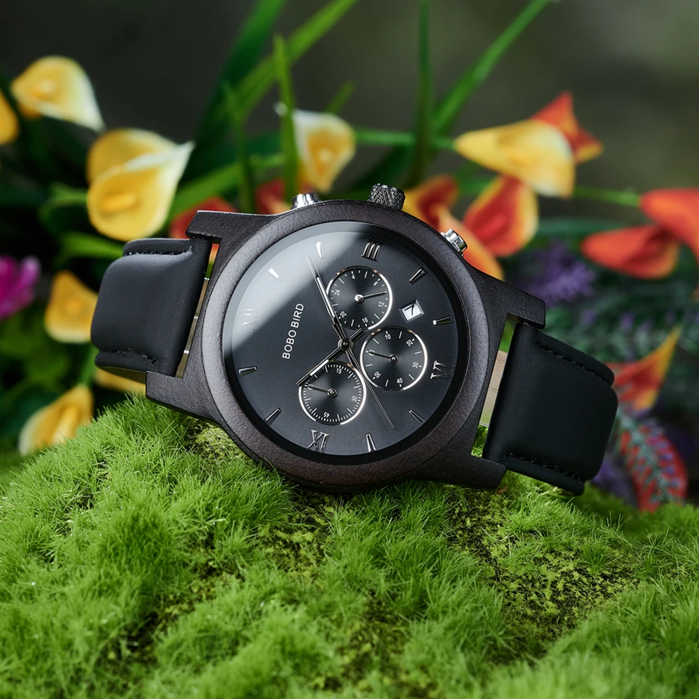 BOBO BIRD Men's Wood Watch Leather Strap Quartz Wirstwatches Chronograph With Date Display relogio masculino Dropshipping