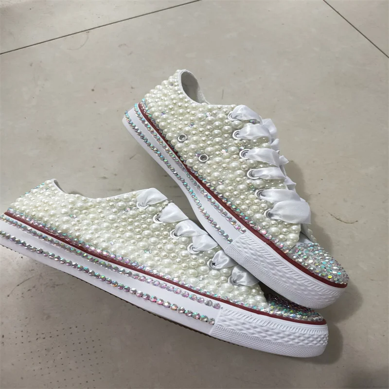 

Low top pearl Dazzle rhinestones classic hand custom canvas shoes Lace lace-up casual sports shoes men and women plus size 35-46