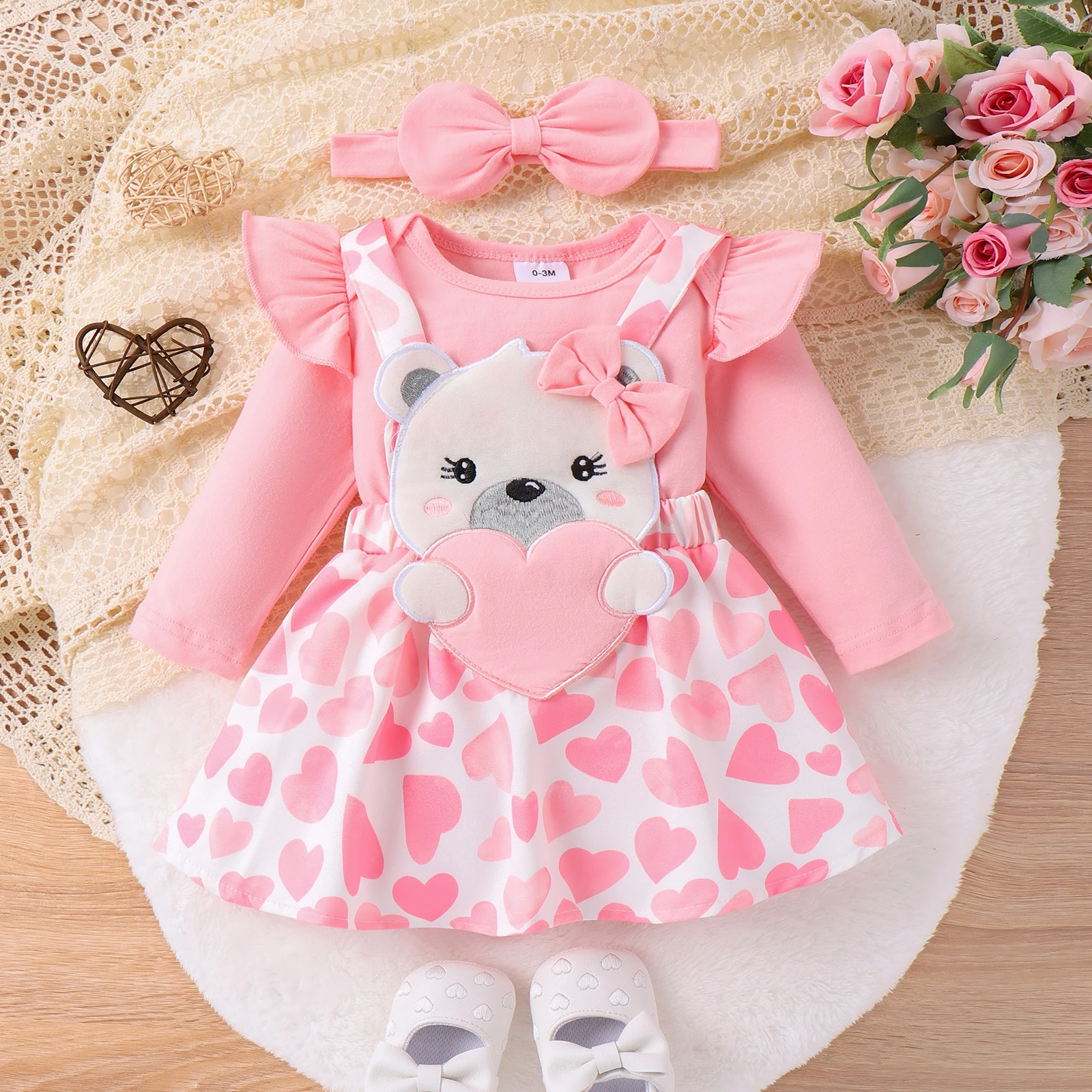 Ma & baby 발렌타인 데이 여아 옷 세트, 롬퍼, 곰 하트 프린트 스커트, 머리띠 의상, 0-18M, D05