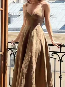 Elegant Summer Deep V-neck Suspenders Dress Sexy High Waist Sleeveless Women's Party Dress Fashion Backless Draped Long Dresses 1