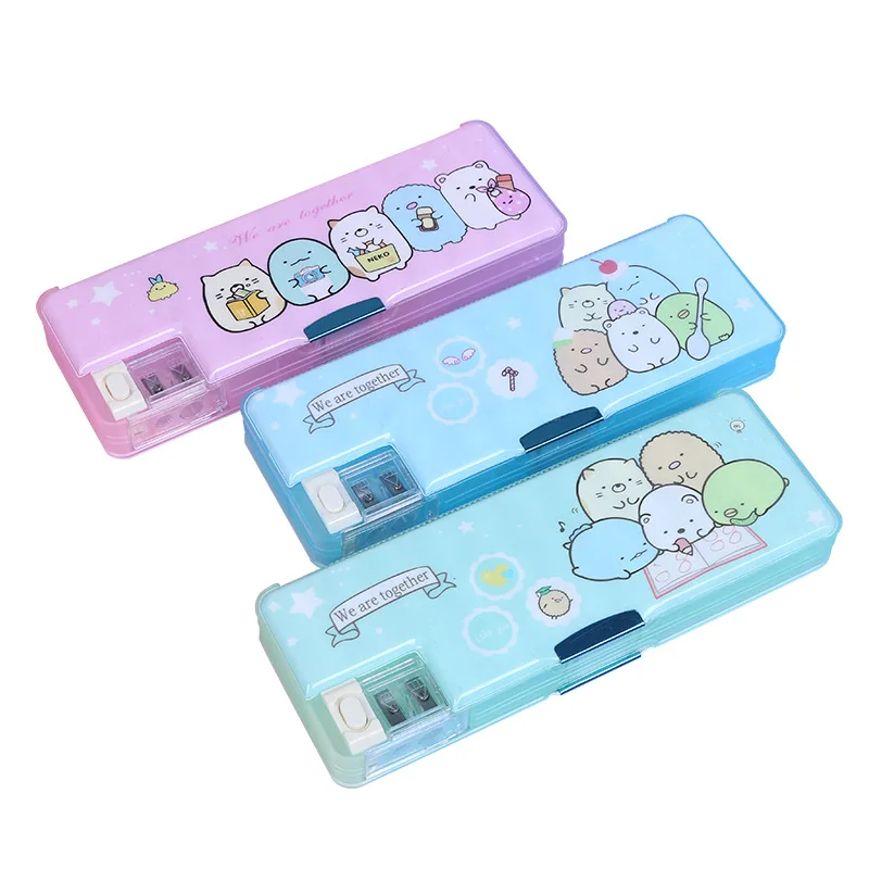 Student plastic cute stationery box with pencil sharpener double sided cartoon pencil case kid school supplies pencil box prizes