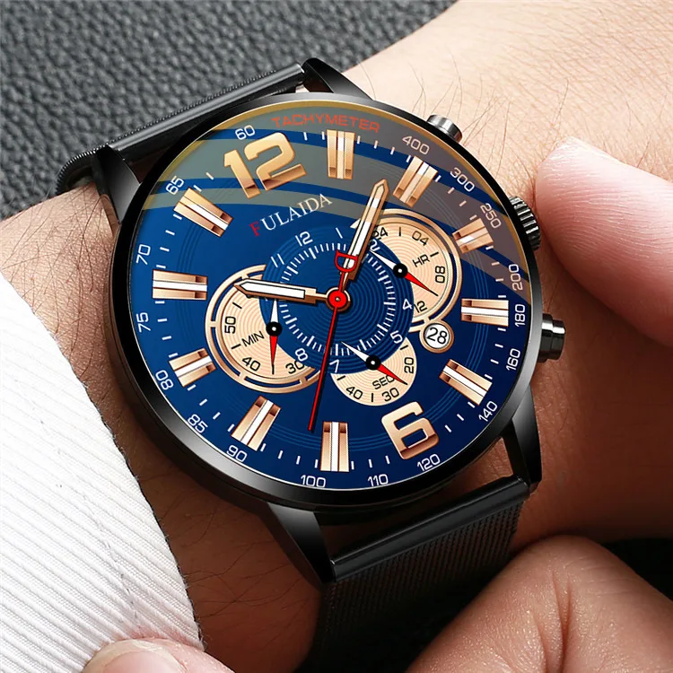 Men's Fashion Business Calendar Watches Luxury Stainless Steel Mesh Belt Analog Quartz Watch Business Luminous Wristwatch Clock
