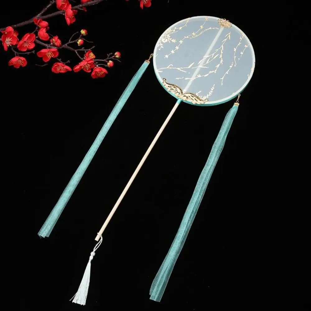 중국풍 원형 부채 긴 손잡이와 펜던트가 있는 실크 부채, 투명 자수 부채, 사진 촬영 소품