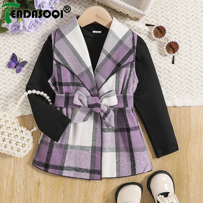 

Осенне-зимний детский костюм для девочек, жилет без рукавов в шотландскую клетку + трикотажная Базовая рубашка с длинным рукавом, топ в рубчик, комплект из 2 предметов для детей